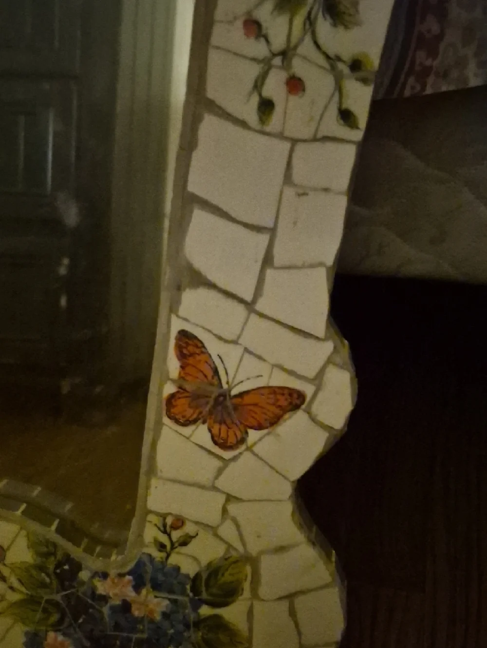 Handmade Mosaic Floral Mirror with Blue Hydrangeas and Butterflies